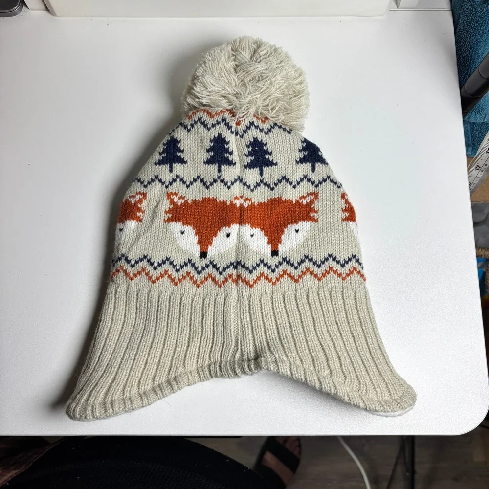 XOMZG Fox Fair‎ Isle Knit Beanie Fleece Lined Earflap Pom Pom Winter Hat Beige
